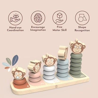 SPEEDY MONKEY Wooden Family Stacker | 5 Stackable Monkey Characters Playset - color: Monkey Family
