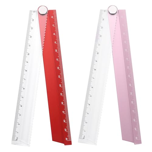 HARFINGTON 2pcs Folding Straight Ruler 30cm Metric Aluminum Alloy Protractor Foldable Angle Ruler Geometric Measuring Tool for Architects Artists Office, Red/Pink - color: Red/Pink