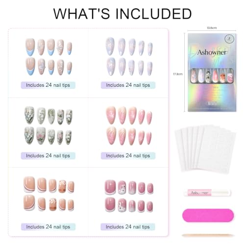 Press on Nails, 6 Packs (144 Pcs) Medium Almond Sets, Wedding French - color: Wedding French Floral