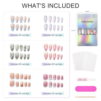 Press on Nails, 6 Packs (144 Pcs) Medium Almond Sets, Wedding French - color: Wedding French Floral