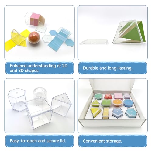 Geometric Solids 3D Shapes & 2D Folding Nets (1.96") 12+12 -Clear Math Manipulatives for Classroom & Homeschool -Thickened Durable Shapes with Smooth Edges,Teacher Supplies for Geometry, Volume & Nets