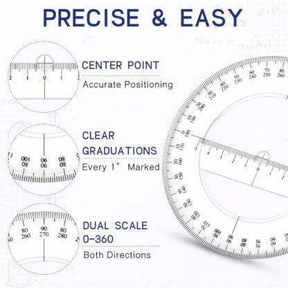 2 Pack 360 Degree Protractor, 6 Inch Multifunctional Drawing Ruler, Classic - style: Classic