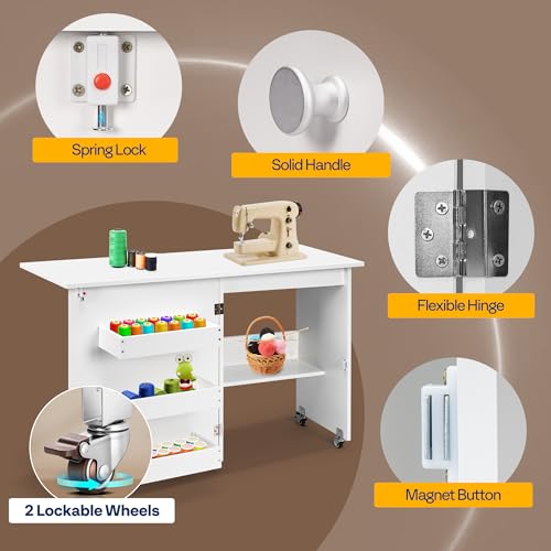 VIVOHOME Folding Sewing Table for Sewing Machine, Sewing Desk with Storage - color: White