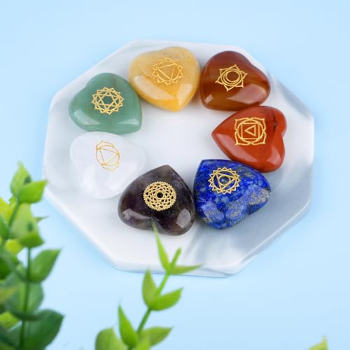 TGS Gems 7pcs Chakra Heart Crystal Stones Natural Reiki Healing Crystals Gemstones with Engraved Chakra Symbol Chakra Stone Kit for Meditation Crystal