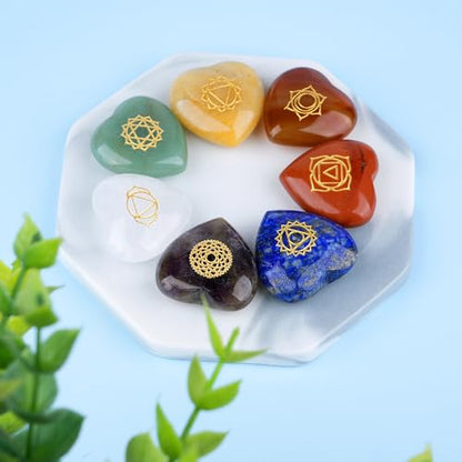 TGS Gems 7pcs Chakra Heart Crystal Stones Natural Reiki Healing Crystals Gemstones with Engraved Chakra Symbol Chakra Stone Kit for Meditation Crystal