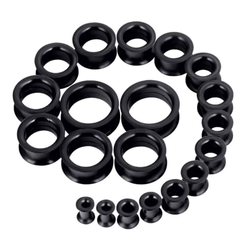 Oyaface 20 PCS Piercing Tunnel Set Soft/Hard Silicone Flesh Ear Plugs 2g-25mm Flexible Ear Stretching Gauge Expander - color: Black