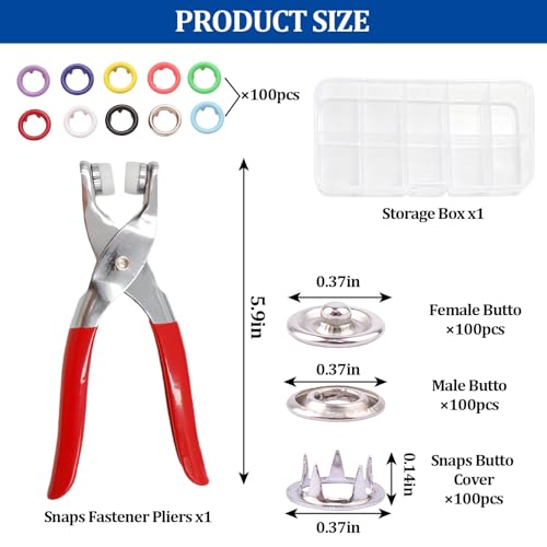 100 Sets Snap Button Kit with 10 Colors,Metal Snaps Buttons with Metal Pliers and Fastener Parts,Multicolor Press Tool Kit Perfect for DIY Clothing and Crafts(9.5mm) - style: 100 Sets