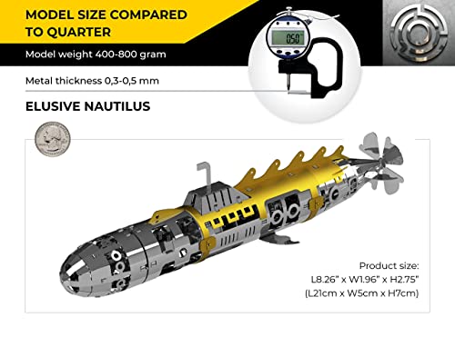 METAL-TIME Elusive Nautilus Submarine 3D Metal Mechanical Model Building Kit | Unique Wind-Up Moving Mechanism | Assemble Disassemble Stainless Steel Puzzle - 91 Pieces