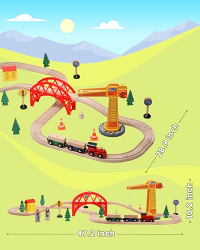SainSmart Jr. Wooden Train Set for Toddler, 41pcs Wood Train Track w/Crane Fits Brio, Thomas, Melissa and Doug, Kids Wood Toy Train for Kids Ages 3+ - style: Crane