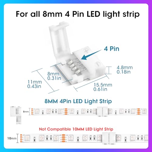 WENHSIN 10Packs 4-Pin RGB LED Light Strip Connectors 8mm Unwired Gapless Solderless Adapter Terminal Extension - size: 8MM-4PIN