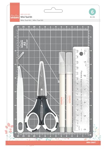 Bira Craft 6 pc Mini Tool Kit, Cutting Mat, Stainless Steel Ruler, Scissor, Tweezzers, Hobby Knife and Piercing Tool for Coupons Craft Paper and Photos