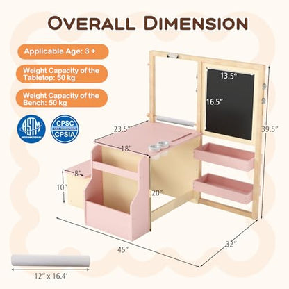 HONEY JOY Kids Art Easel, 6-in-1 Wooden Double-Sided Toddler Table & Chair Set w/Adjustable Magnetic White Board & Chalkboard, Paper Roll, Bookshelf, Storage, Toddler Easel for Kids (Pink) - style: Pink