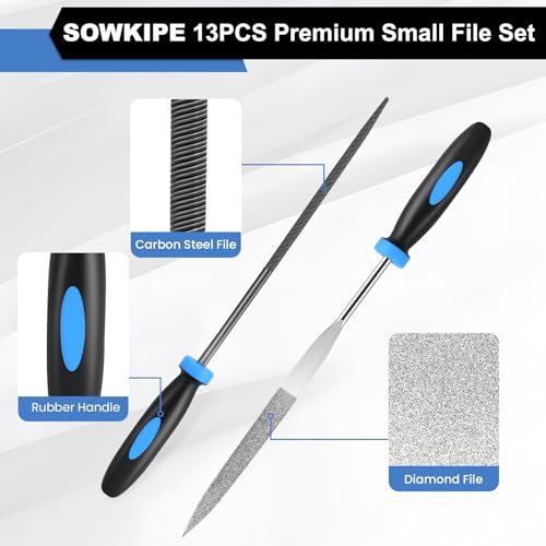 SOWKIPE 13-Piece Needle File Set, 6 Diamond and 6 Steel Files with Case