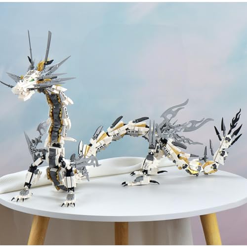 HIGH GODO Dragon Building Blocks Sets for Adults, White Mechanical Dragon Animal Building Model Collectible Display Toys, Cool Creative Gifts for Teens Fans (1485 Pieces) - style: White Hurricane Dragon