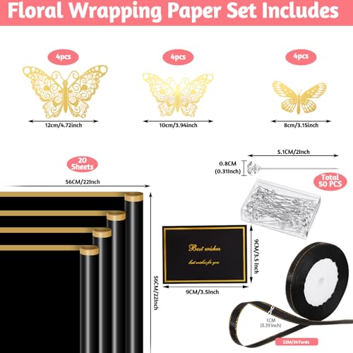 woric 93Pcs Black Flower Wrapping Paper Kits - color: Black