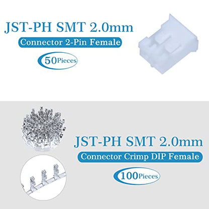 CQRobot JST PH SMD 2.0 mm Pitch 2-Pin Electronic Computer Connector IC Male Plugs, Female Sockets Housing and T-Shaped Crimp Terminal Kit.. 50 Sets/200 Pieces Wire-to-Board Adapter Cable Assembly. - size: 2P, style: PH-SMD