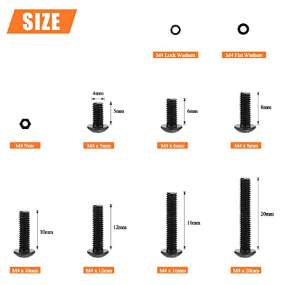 HELIFOUNER 380 Pieces M4 x 5mm /6mm /8mm /10mm /12mm /16mm /20mm, Button Head Socket Cap Screws Bolts Washers Nuts Kit, 10.9 Grade Alloy Steel, Full Threaded, Black - size: M4, style: Button Head
