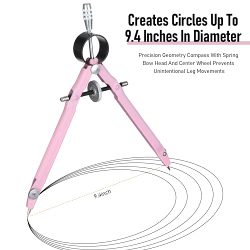 EBOOT Math Geometry Set Metal Compass 6" Clear Protractor, Pink - color: Pink