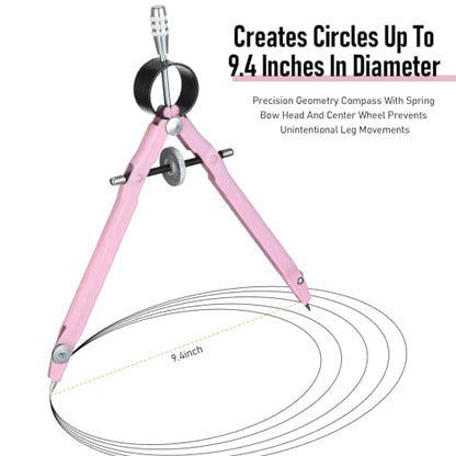 EBOOT Math Geometry Set Metal Compass 6" Clear Protractor, Pink - color: Pink