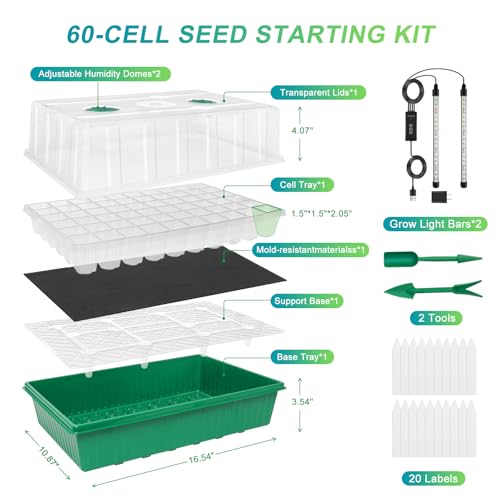GOOINMILL Self-Watering Seed Starter Tray with Timed Grow Light, 60 Cells Plant Starter Tray Seedling Starter Kit with Humidity Domes Base Indoor Mini Greenhouse Plant Germination Trays - size: 60 Cells-1 PCS