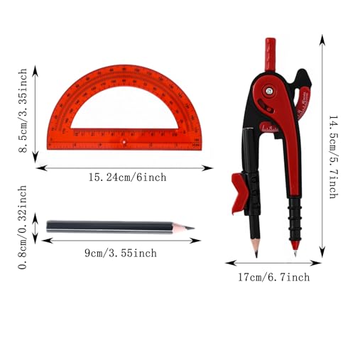 Unjoo Compass for Geometry Set, 6 Inch Protractor, Clear Plastic (Red) - color: Red