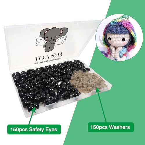 TOAOB 150pcs 16mm Black Plastic Safety Eyes Crafts Safety Eyes with 150pcs Washers for Stuffed Animals Amigurumis Crochet Doll Making - size: 16mm