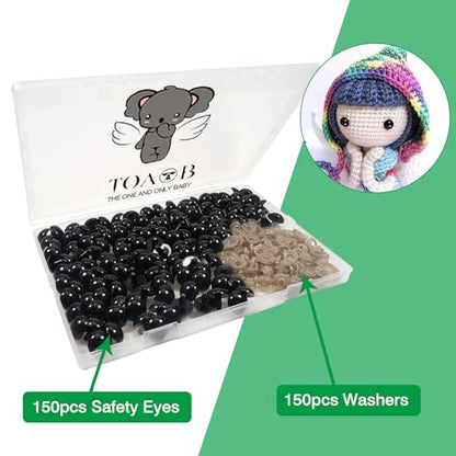 TOAOB 150pcs 16mm Black Plastic Safety Eyes Crafts Safety Eyes with 150pcs Washers for Stuffed Animals Amigurumis Crochet Doll Making - size: 16mm