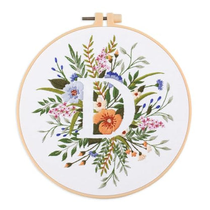 IUHUI Embroidery Kit for Beginners Adults - 26 Floral Letters Easy Patterns, DIY Hand Stitching Embroidery Set with Hoop (Flower and Grass Letter D) - color: Flower and Grass Letter D