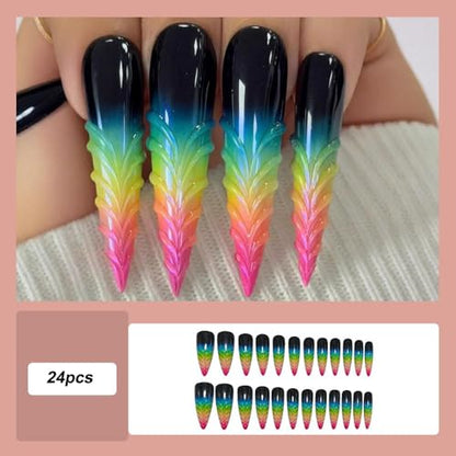 Stiletto Press on Nails Long Gradient Fake NailWith 3D Charm Design Acrylic Nail Press ons Stick on Nails for Women 24pcs - color: Color12