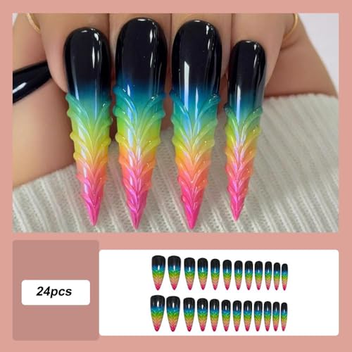 Stiletto Press on Nails Long Gradient Fake NailWith 3D Charm Design Acrylic Nail Press ons Stick on Nails for Women 24pcs - color: Color12
