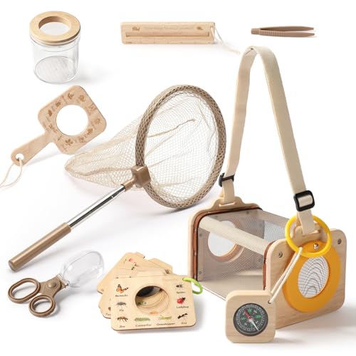 Wooden Bug Catcher Kit for Kids 3-8, 10PCS Durable Outdoor Explorer Kit with Magnifying Glass, Butterfly Net & STEM Guide, Catch & Release Adventure Set for Backyard & Camping