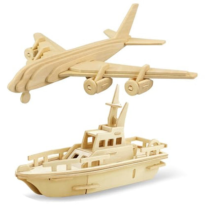 Georgie Porgy 3D Wooden Puzzles for Kids Toys Construction Woodcraft Kits DIY Model Puzzle Kits Birthday Gifts Pack of 2 (Civil Airplane Yacht) - color: Civil Airplane Yacht