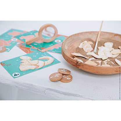Janod Dino - Dinosaur Dig Puzzle Game - Excavate The Prehistoric Skeleton Pieces to Complete The Puzzle Cards - Reusable - Ages 4-8 Years - J05832