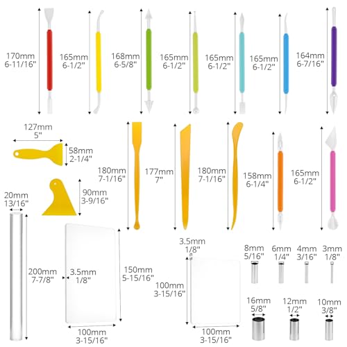 QWORK 24-Piece Clay Sculpting Tool Kit with Acrylic Roller, Sheets, Plastic Scraper, Stainless Steel Cutters, Polymer Clay Cutter Tools