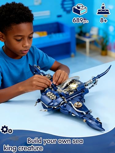 Devil Fish Building Set for Adults, Sea Ocean Animals Model Toys with Light, Compatible with Lego Fish, Ideas Fish Toys with Display Stand for Office Home Decor, for Boys Girls 8-14 - style: Devil Fish