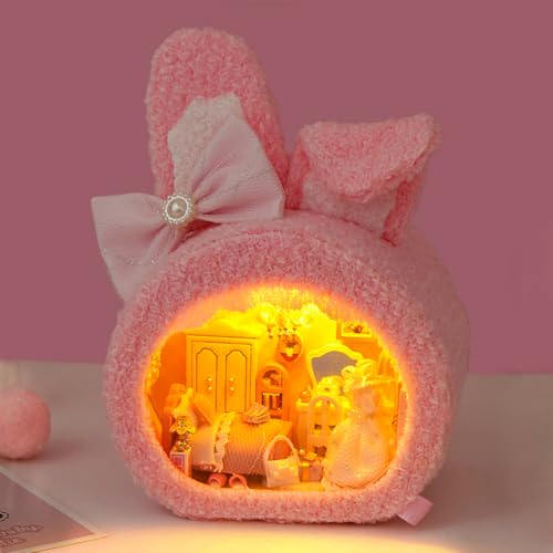 DIY Miniature House Kit, Cute Animal Style Wood Dolls House Model With LED Light - Creativity Gift for Women and Adults - color: E
