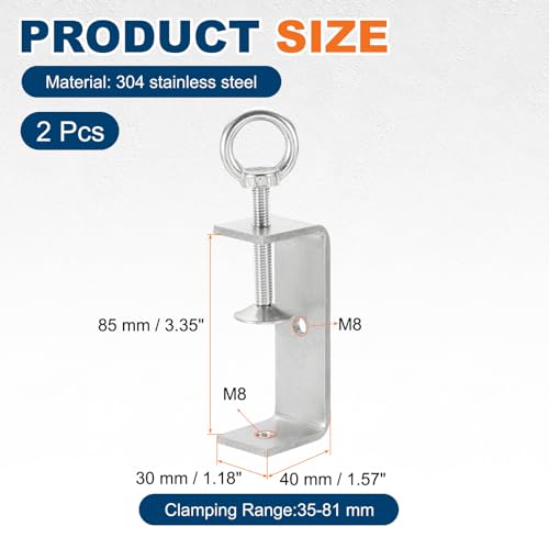 HARFINGTON 2 Pcs 304 Stainless Steel C Clamps 85mm Square Mini Tiger Clamp Adjustable Heavy Duty Metal U Clip with Eye Hook Screw for Woodworking Welding Mounting, Silver - size: 85mm