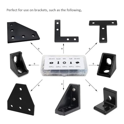 200Pcs 2020 Aluminum Extrusion M5 T Slot Nuts and Bolts Screws 20 Series Extruded Hardware Drop in T Nut Slide Nut M5x8 10mm for 20/20 80 20 2040 T V Slot Black Aluminum Profile Accessories - style: 20 Series Type C