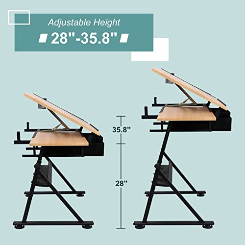 ZENY Drafting Table Art Desk Drawing Table Height Adjustable Artist Table with Tilted Tabletop, Drafting Stool and Storage Drawer for Reading, Writing, Crafting, Painting Art - color: Brown