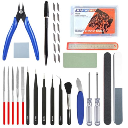 Gundam Model Tools Kit, 34pcs Hobby Tool Set, Pliers, Separator, Files, Screwdriver, Tweezers, Polishing Strip, Graver, Blades for Buildings, Gundam, Robots Models Minature