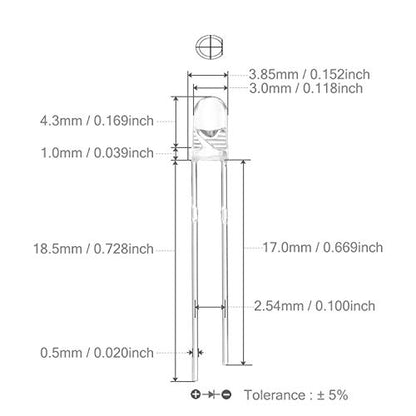 CHANZON 100 pcs 3mm White LED Diode Lights (DC 3V 20mA) - color: B) White, size: 3mm Round Top