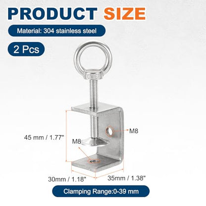 HARFINGTON 2 Pcs 304 Stainless Steel C Clamps 45mm Square Mini Tiger Clamp Adjustable Heavy Duty Metal U Clip with Eye Hook Screw for Woodworking Welding Mounting, Silver - size: 45mm