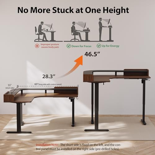 Agilestic L Shaped Standing Desk with Monitor Shelf, 63 Inch, Dark Walnut - color: Dark Walnut, size: 63x55 Inch with shelf
