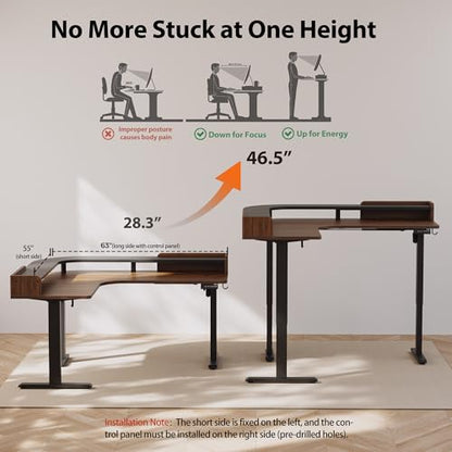 Agilestic L Shaped Standing Desk with Monitor Shelf, 63 Inch, Dark Walnut - color: Dark Walnut, size: 63x55 Inch with shelf