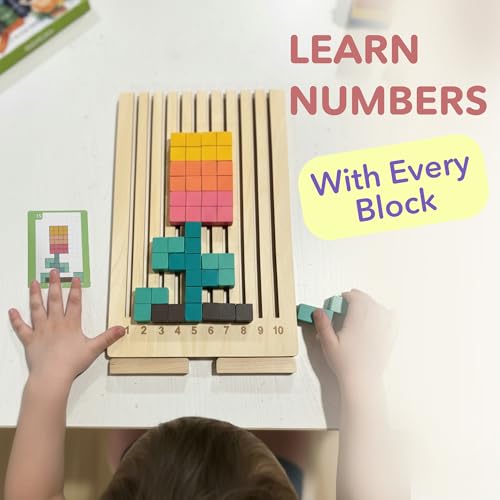Cateam Wooden Montessori Brain Blocks Russian Blocks Style Puzzle - 3D Geometric Stacking Game with 10 Challenge Cards - Educational STEM Toy for Toddlers & Kids Ages 3-5 - Tangram Logic Gift