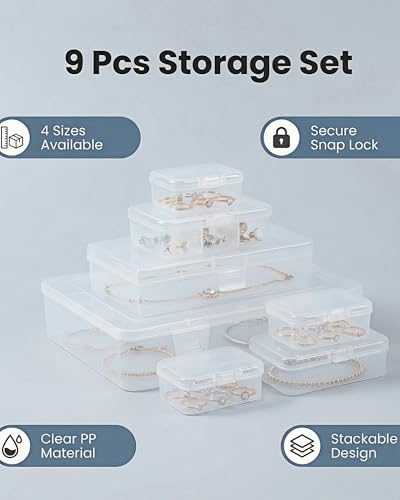 9 Pack Clear Plastic Storage Boxes with Snap-Lock Lids, Assorted Sizes Mini Organizer Containers with Bonus Marking Labels for DIY Crafts, Beads,Charms,Stickers, SMT Components,Hardware - size: 9 Pcs Mixed Sizes