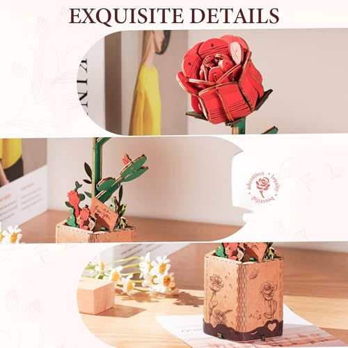 ROBOTIME Red Rose 3D Wooden Flower Puzzle, DIY Craft Kit for Adults, Everlasting Artificial Floral Bouquet, Creative Gift - color: Red Rose