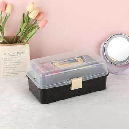 BTSKY 3-Layer Plastic Dividing Storage Box Craft Organizer and Storage - color: Black+Beige