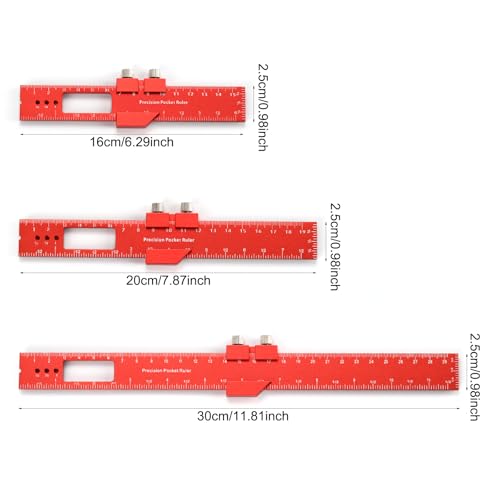 Pocket Ruler Woodworking T-Ruler 3pcs Aluminum Woodworking Rulers Scribing Ruler with Metric/Inch Measurements (Red)