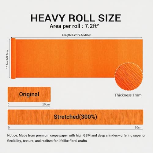 Heavy Crepe Paper for Flower Making, DIY Crafts | Italian-Quality Crepe Paper with 300% Stretch | Papel Crepe de Colores Paquete - color: Bright Orange, size: Short (10.6")